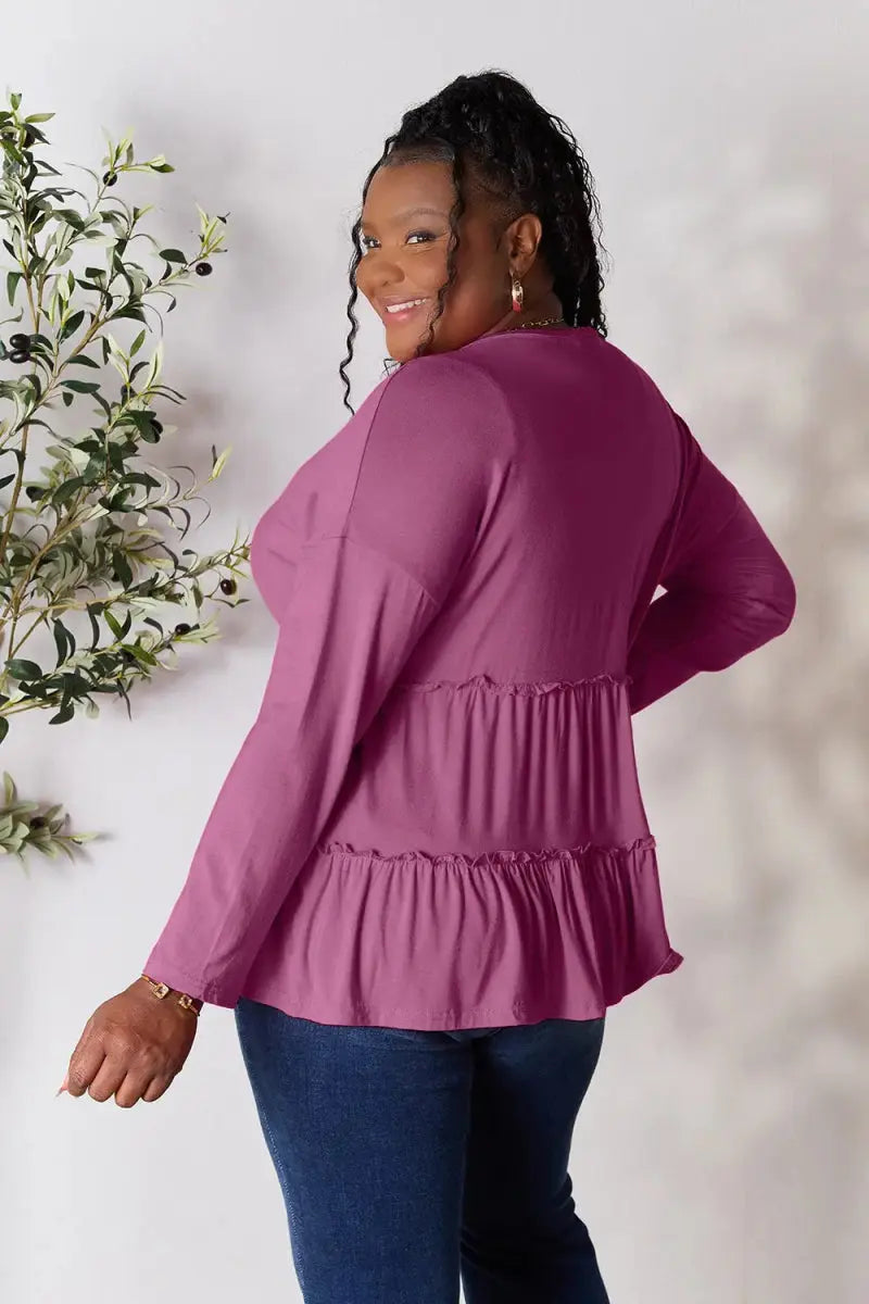 Double Take Half Button Long Sleeve Ruffle Hem Blouse - Love Salve